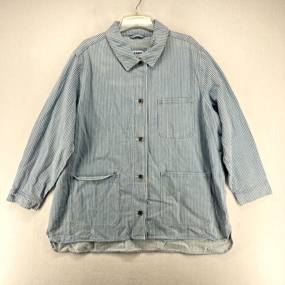 Old Navy Button Front Jean Jacket White/Blue Stripes Ladies Size‎ 2X NEW - Picture 5 of 11